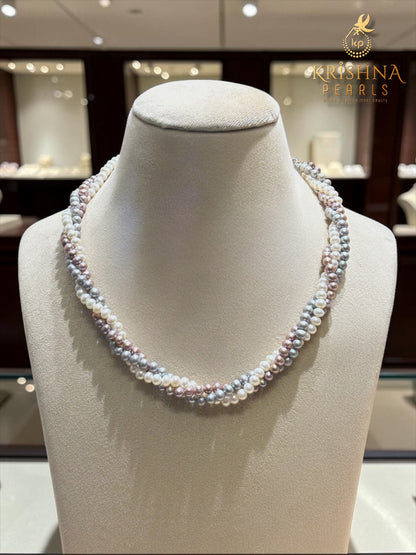 Near Round Freshwater Pearls - Multicolour Three Layered Necklace