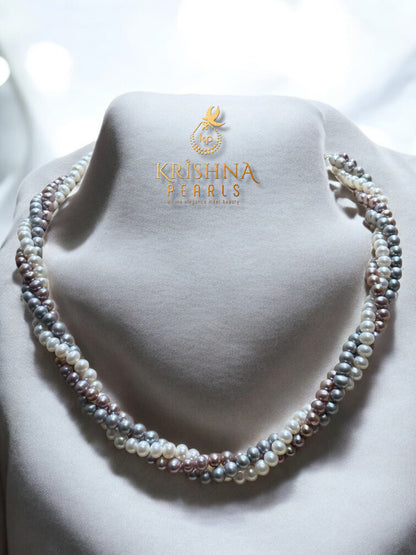 Near Round Freshwater Pearls - Multicolour Three Layered Necklace