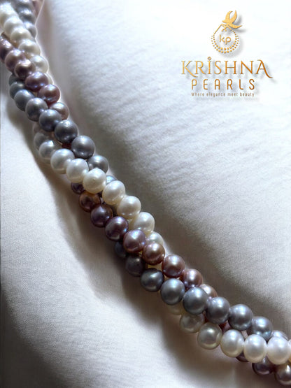 Near Round Freshwater Pearls - Multicolour Three Layered Necklace