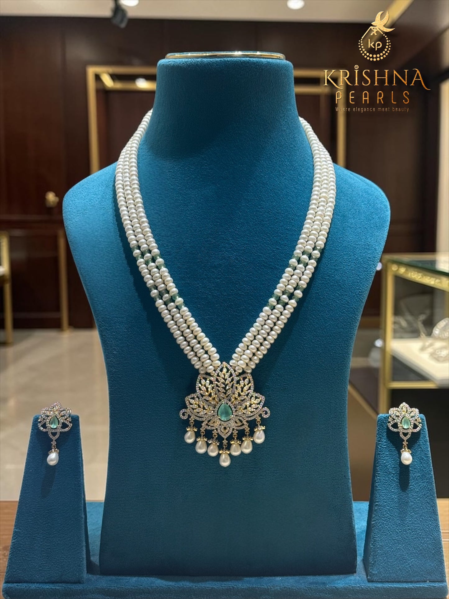 Real Pearls Three Row Blue Quartz Studded Necklace Set