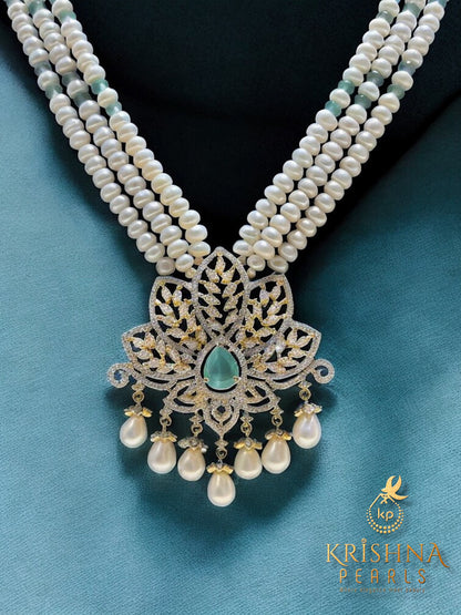 Real Pearls Three Row Blue Quartz Studded Necklace Set