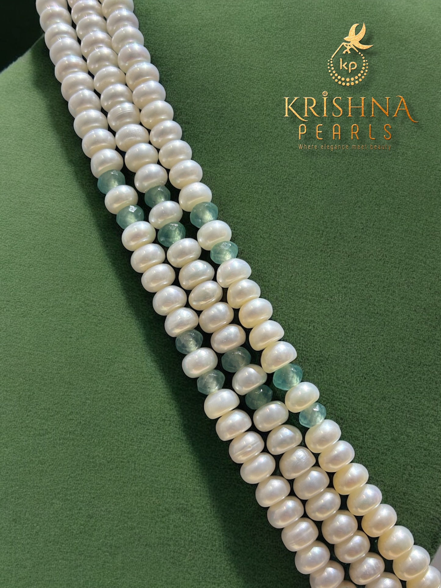 Real Pearls Three Row Blue Quartz Studded Necklace Set