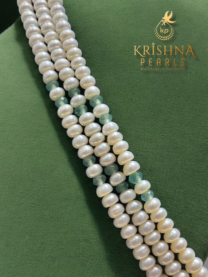 Real Pearls Three Row Blue Quartz Studded Necklace Set