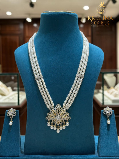 Regal Radiance Three Row Pearls Necklace Set (AAA)