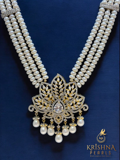 Regal Radiance Three Row Pearls Necklace Set (AAA)