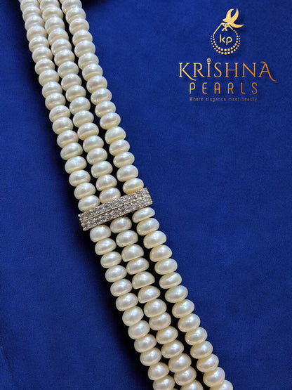 Regal Radiance Three Row Pearls Necklace Set (AAA)