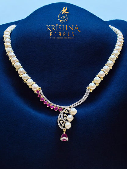 Royal Ruby Studded Button Pearl Necklace