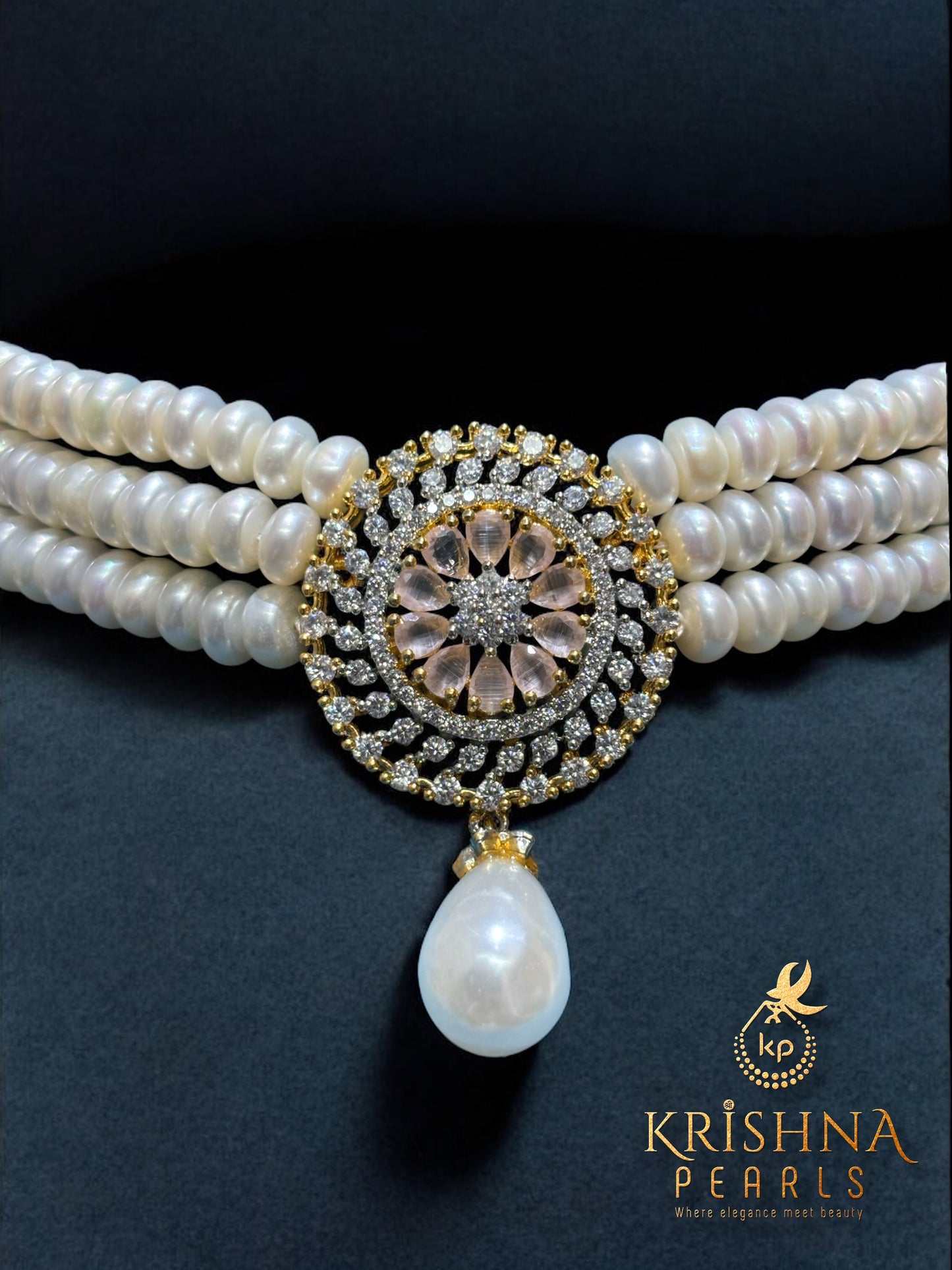 Real Pearls Three Layers Rose Quartz Choker Set