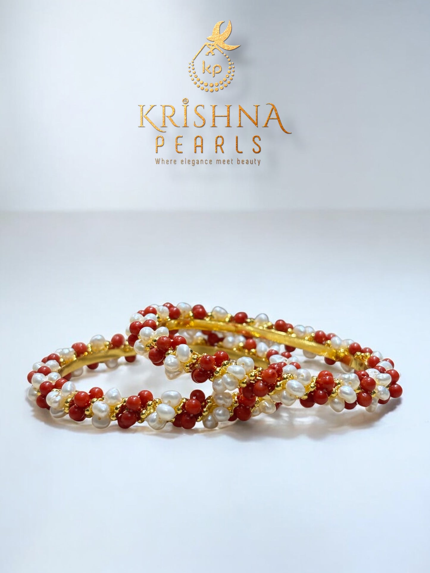 Seed Pearls Coral Beads Bangles Pair