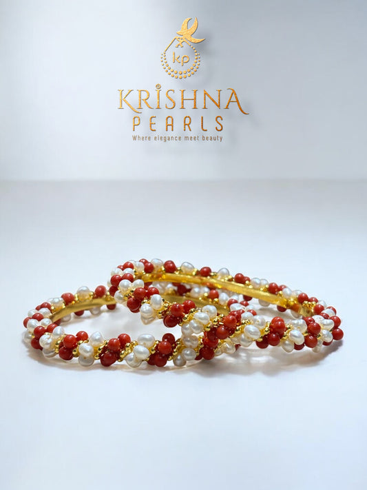 Seed Pearls Coral Beads Bangles Pair