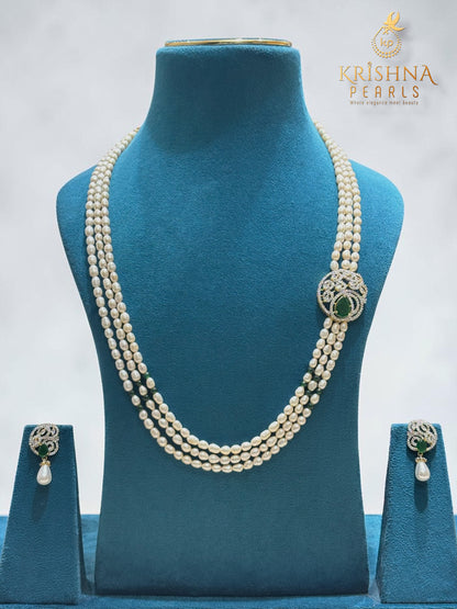 Real Pearls Three Layer Green Stone Side Broch Set