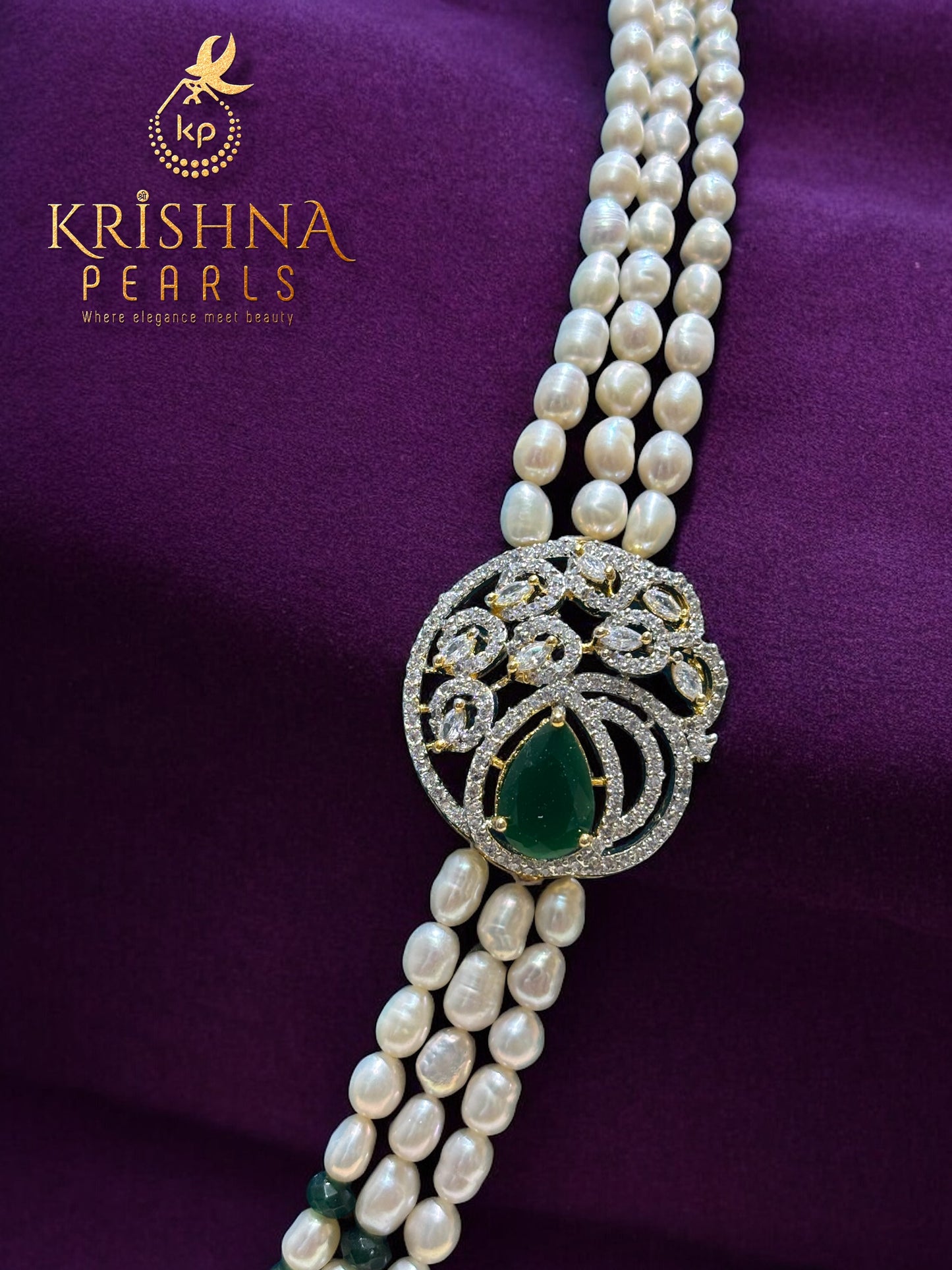 Real Pearls Three Layer Green Stone Side Broch Set