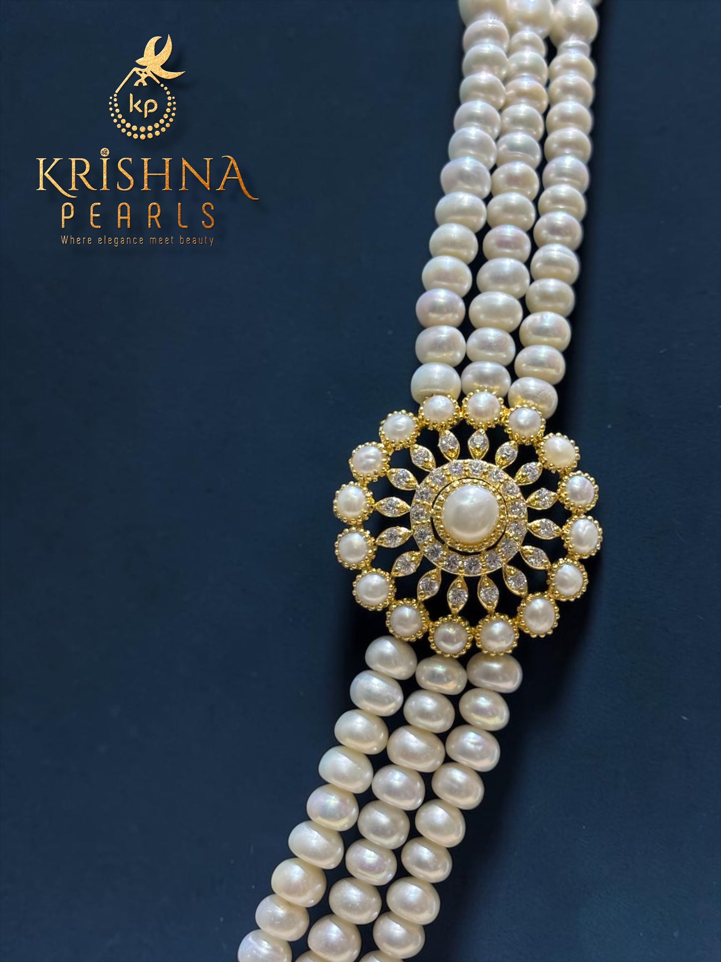 Authentic Pearls Studded Three Row Pearls Broch Set