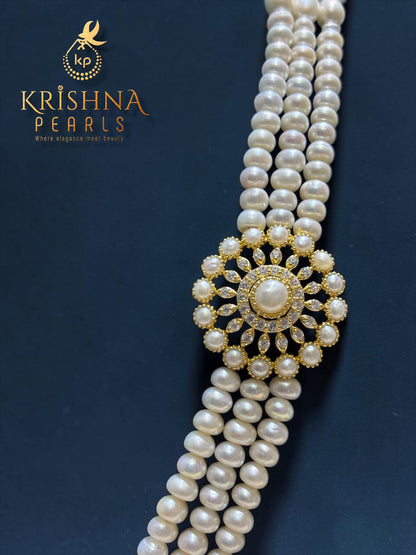 Authentic Pearls Studded Three Row Pearls Broch Set