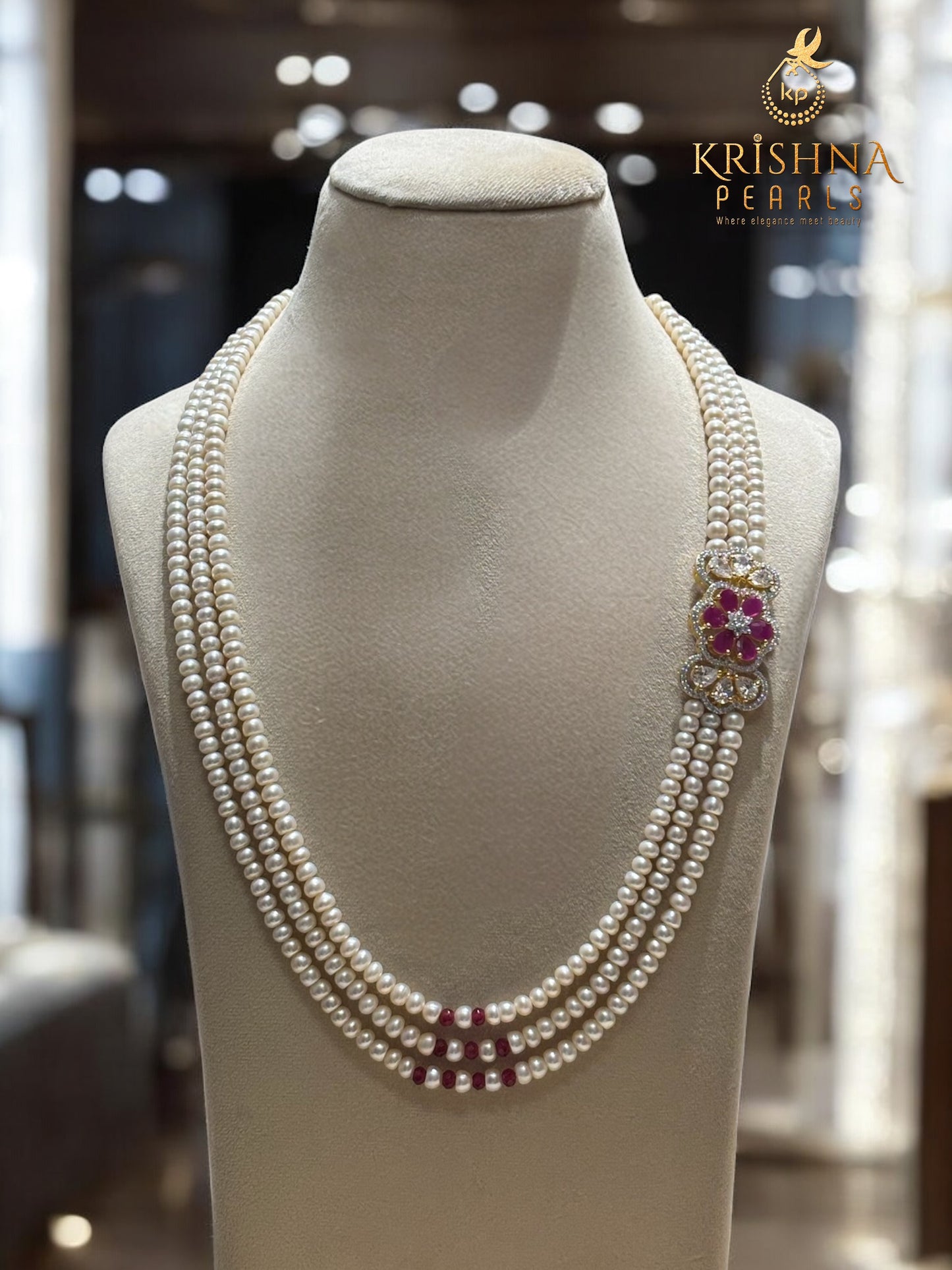 Real Pearl Jewellery - Three Rows Red Stone Studded Choker Set