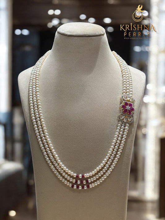 Real Pearl Jewellery - Three Rows Red Stone Studded Choker Set