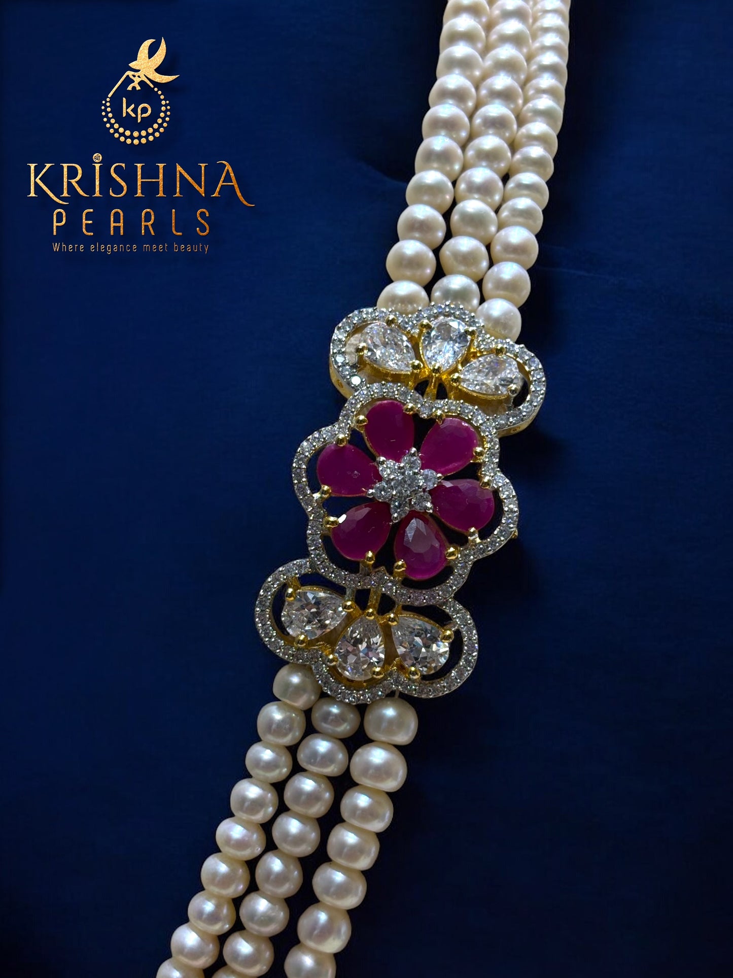 Real Pearl Jewellery - Three Rows Red Stone Studded Choker Set