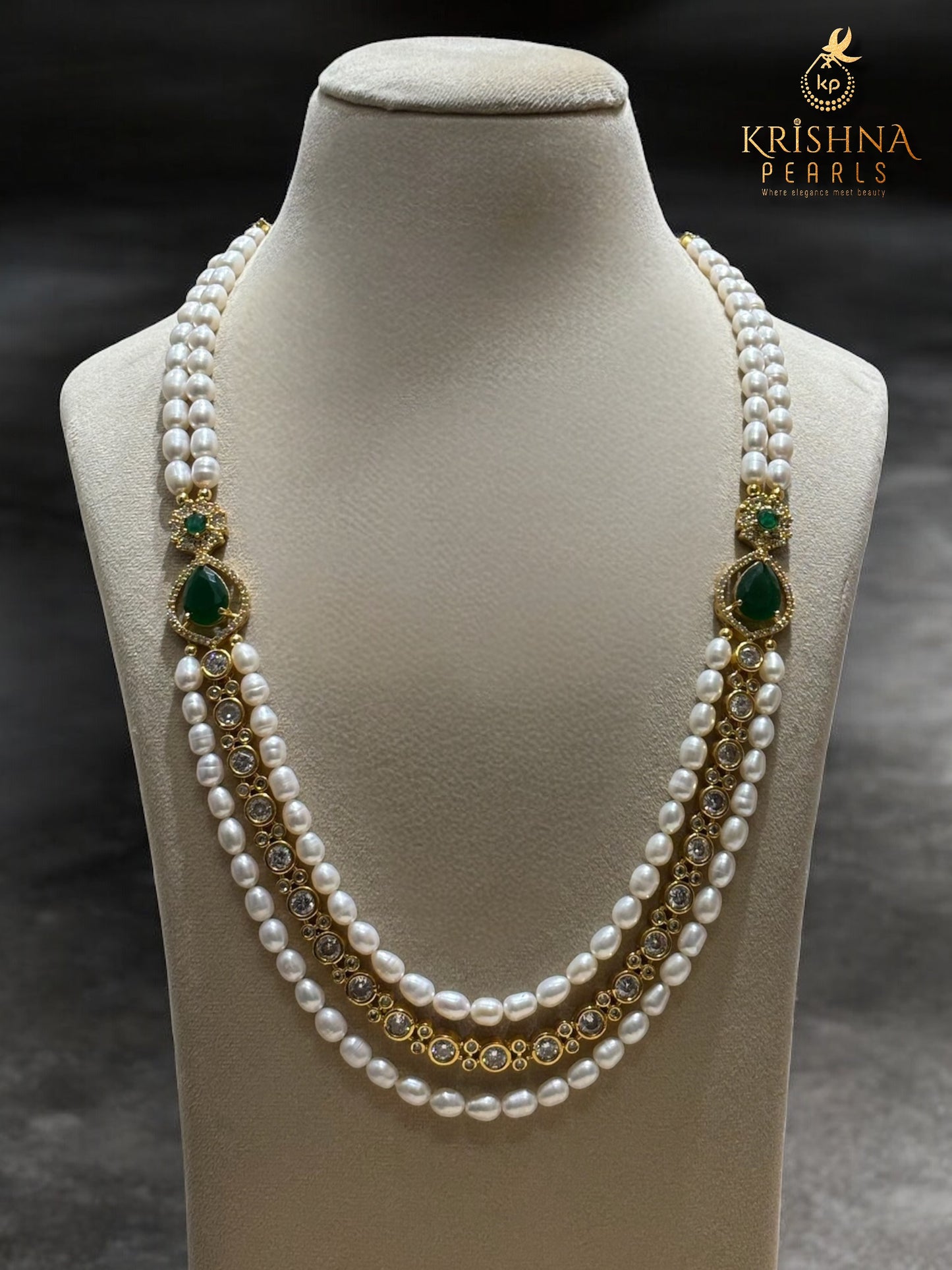 Authentic Pearls Green Stone & Diamonds Studded Broch Set