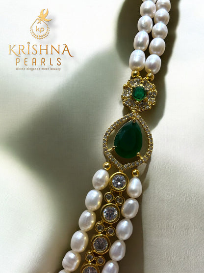 Authentic Pearls Green Stone & Diamonds Studded Broch Set