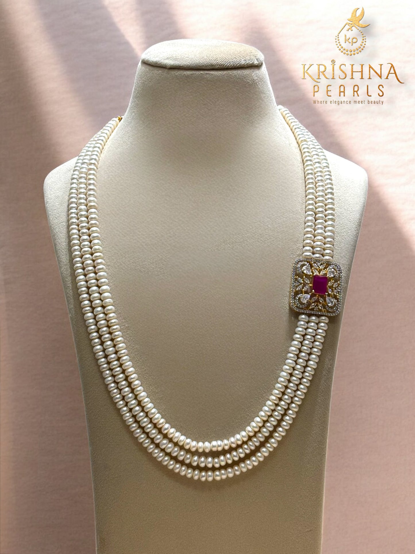 Real Pearls Red Stone Studded Three Row Broch Set