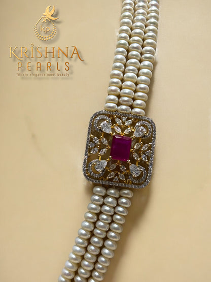 Real Pearls Red Stone Studded Three Row Broch Set