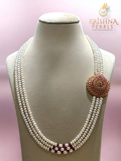 Original Pearls Three Rows Red Studded Broch Necklace Set