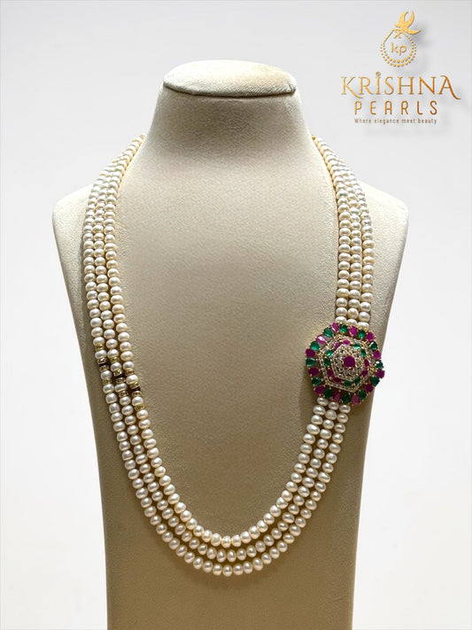 Sri Krishna Pearls - Three Rows With Red & Green Stones Studded Broch Set