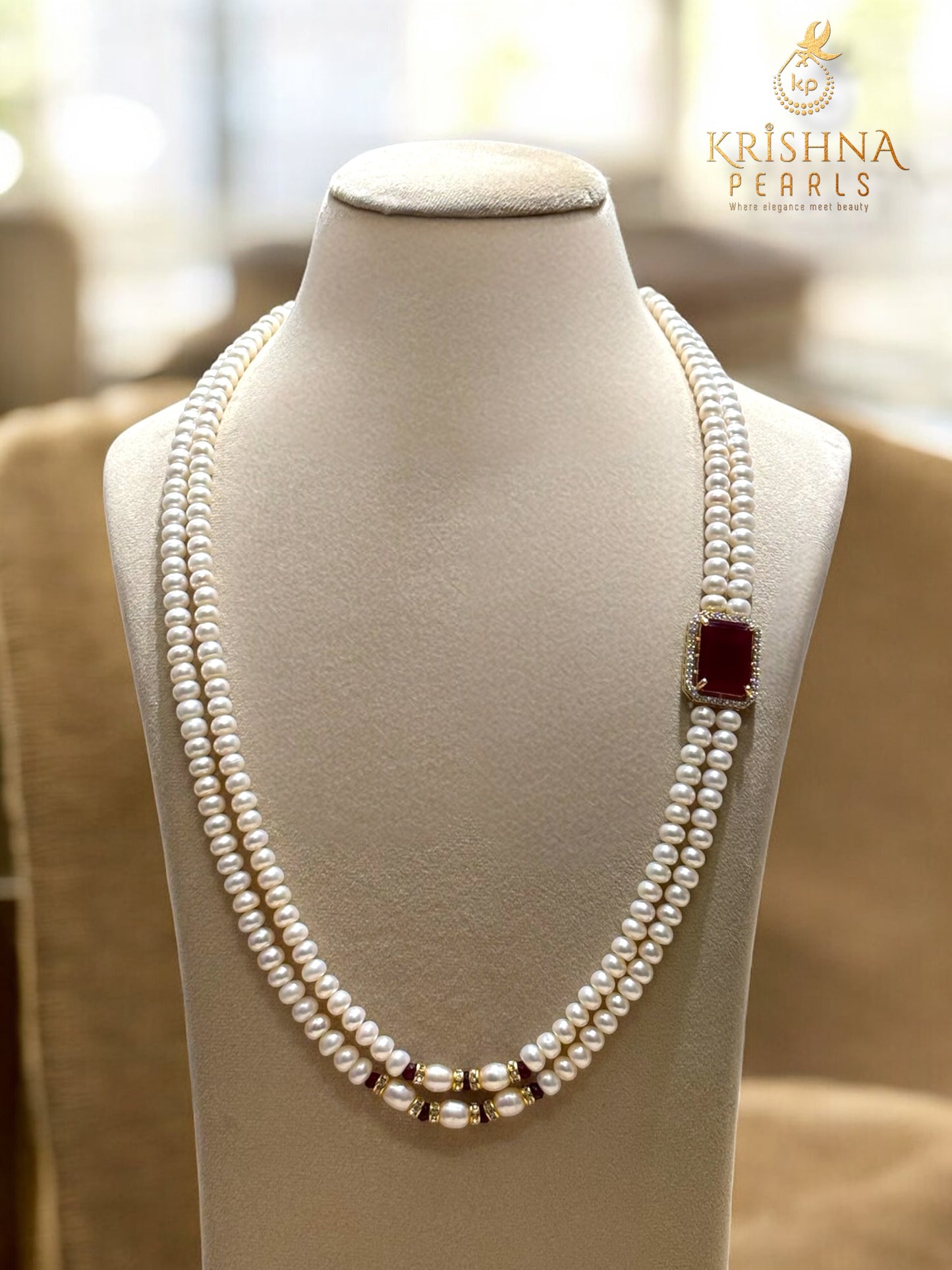 Original Pearls Red Stone Studded Double Row Broch Set
