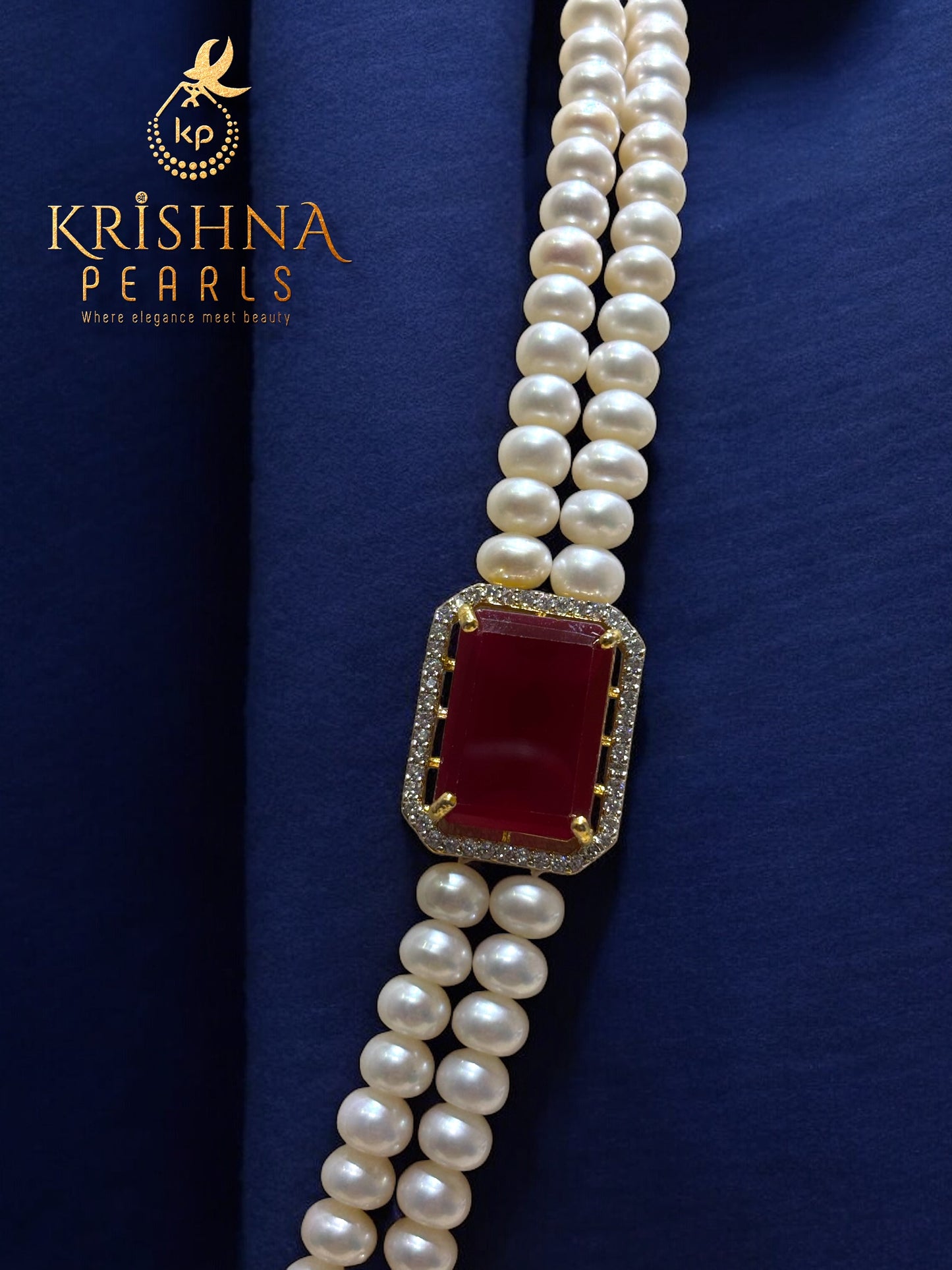 Original Pearls Red Stone Studded Double Row Broch Set
