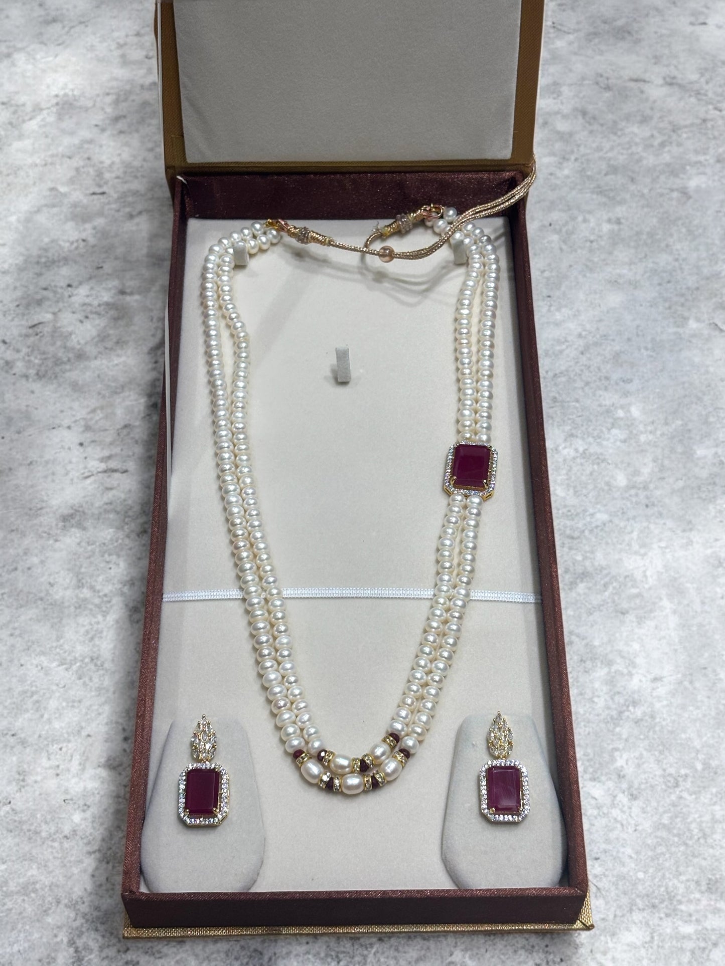 Original Pearls Red Stone Studded Double Row Broch Set