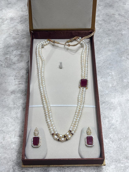 Original Pearls Red Stone Studded Double Row Broch Set
