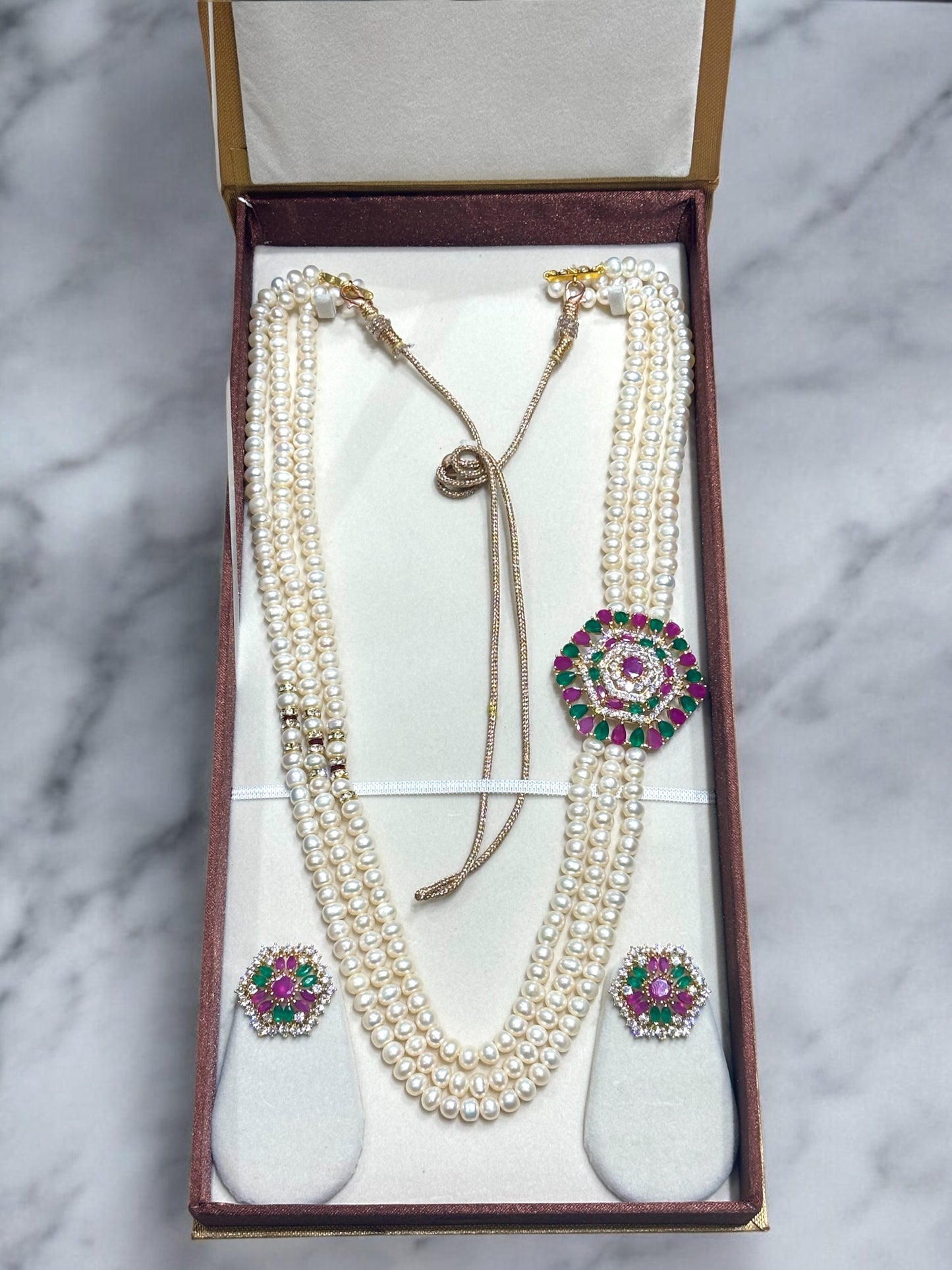 Sri Krishna Pearls - Three Rows With Red & Green Stones Studded Broch Set