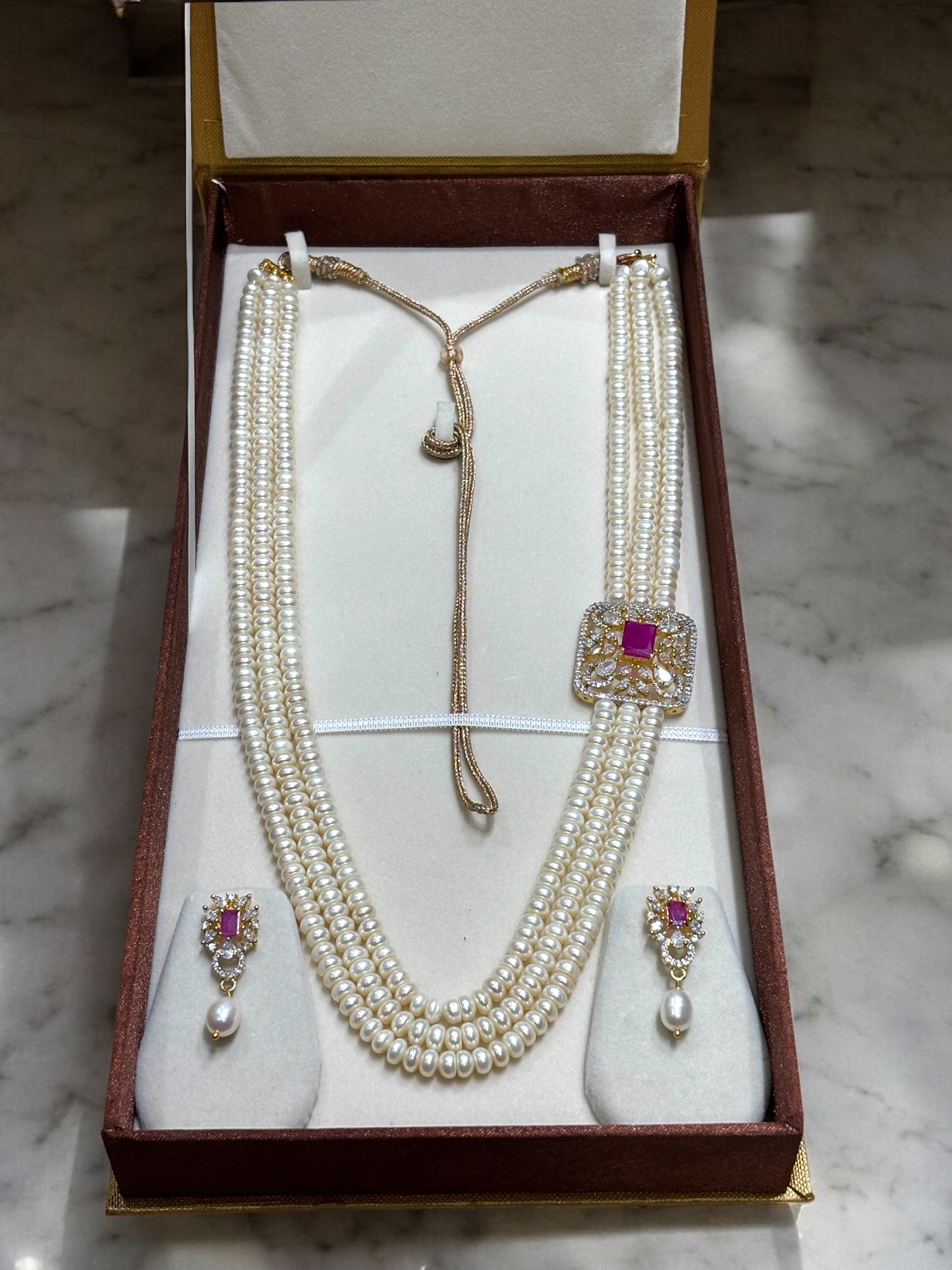 Pearls Necklace Broach Pattern -  Red Stone Studded Three Row Broch Set