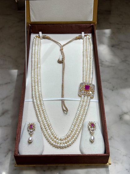 Pearls Necklace Broach Pattern -  Red Stone Studded Three Row Broch Set
