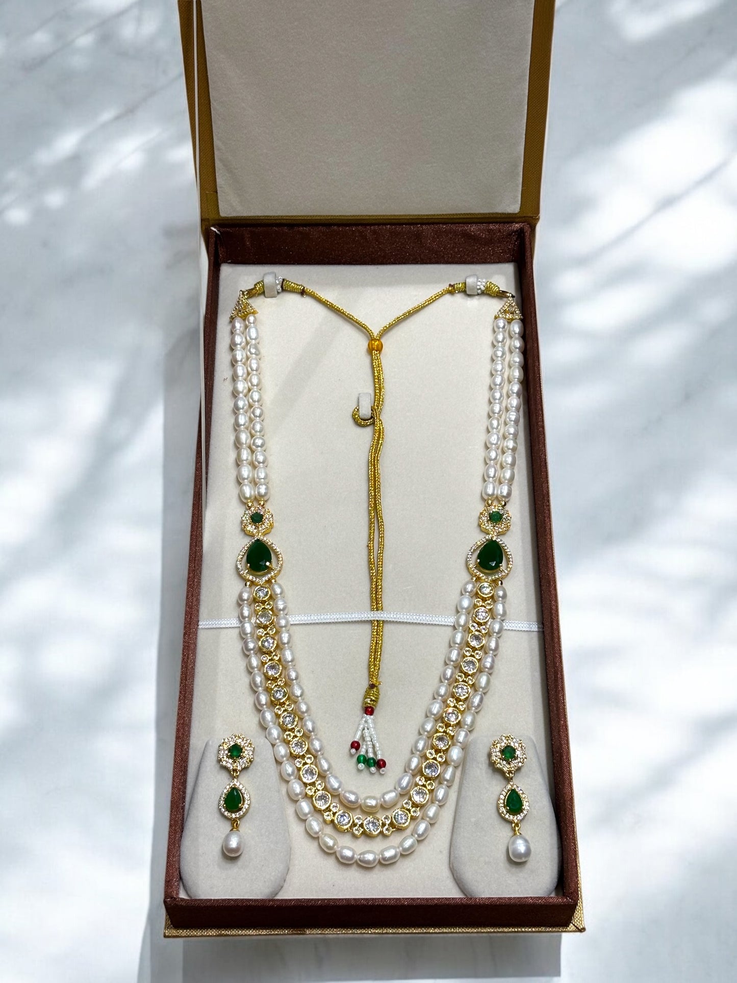 Authentic Pearls Green Stone & Diamonds Studded Broch Set