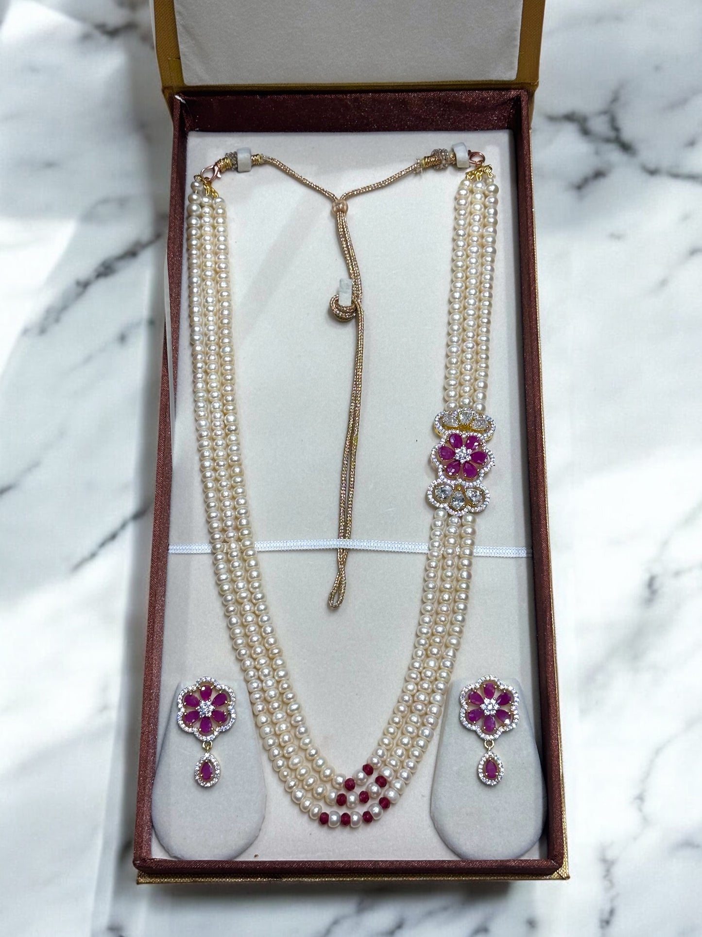 Real Pearl Jewellery - Three Rows Red Stone Studded Choker Set