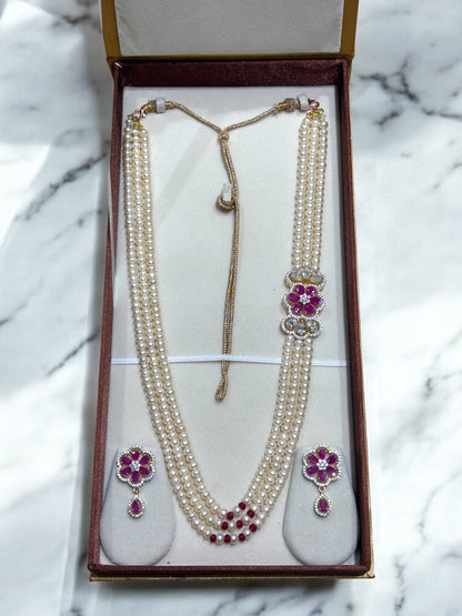 Real Pearl Jewellery - Three Rows Red Stone Studded Choker Set