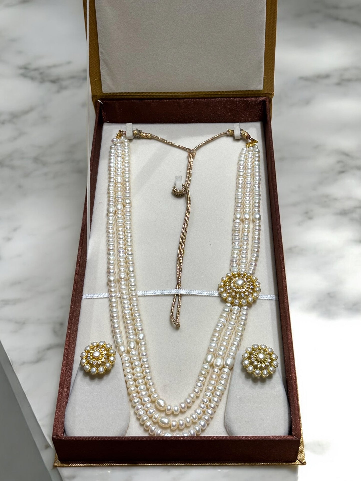 Real Pearl Pendant - Three Row Pearls Broch Set