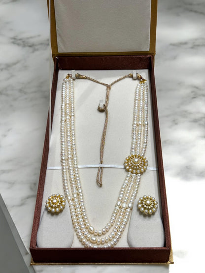 Real Pearl Pendant - Three Row Pearls Broch Set
