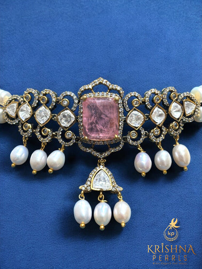 Authentic Pearls Double Layer Moissanite Studded Choker Set