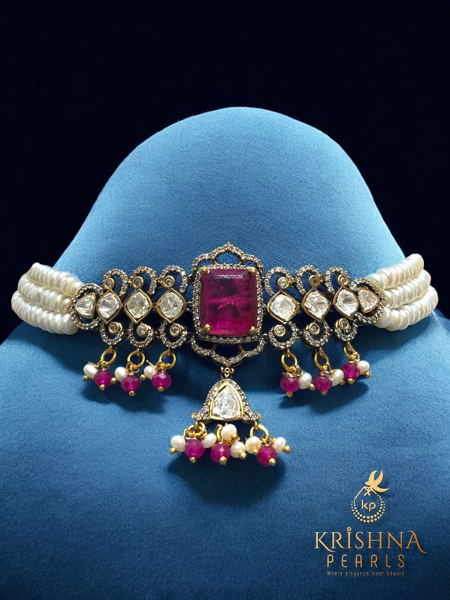 Authentic Pearls Double Layer Ruby & Moissanite Studded Choker Set
