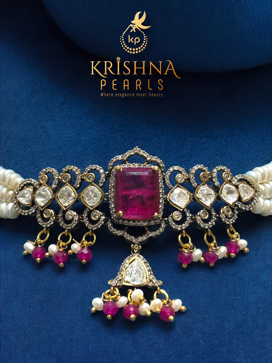 Choker of Real Certified Pearls - Double Layered Ruby & Moissanite Studded Choker Set