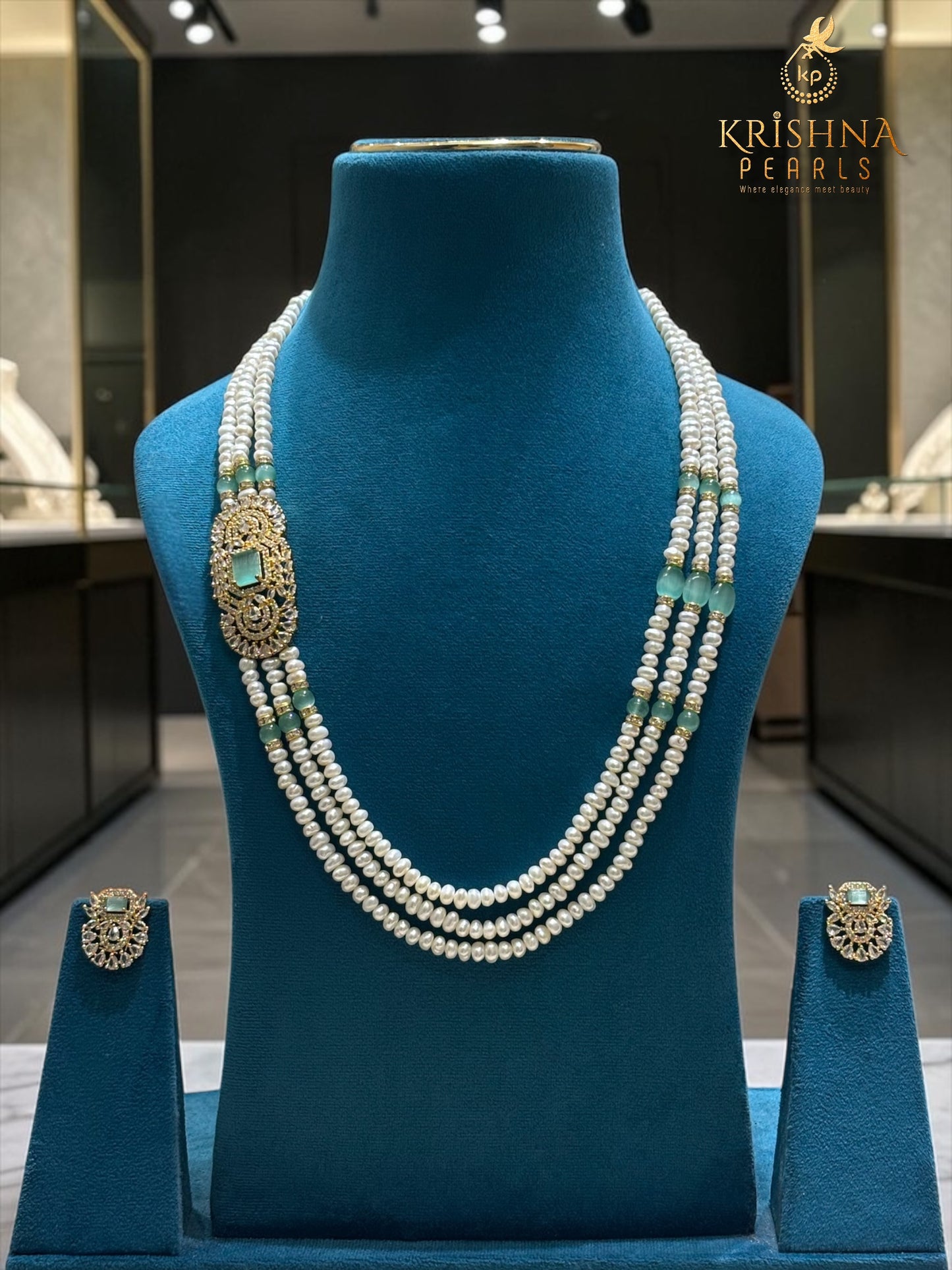 Original Pearls Three Layers Blue Quartz Studded Broch Set
