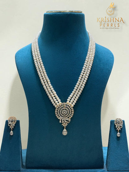 Real Pearls Three Layers Cz Studded Necklace Set