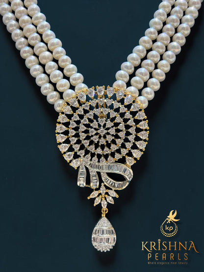 Real Pearls Three Layers Cz Studded Necklace Set
