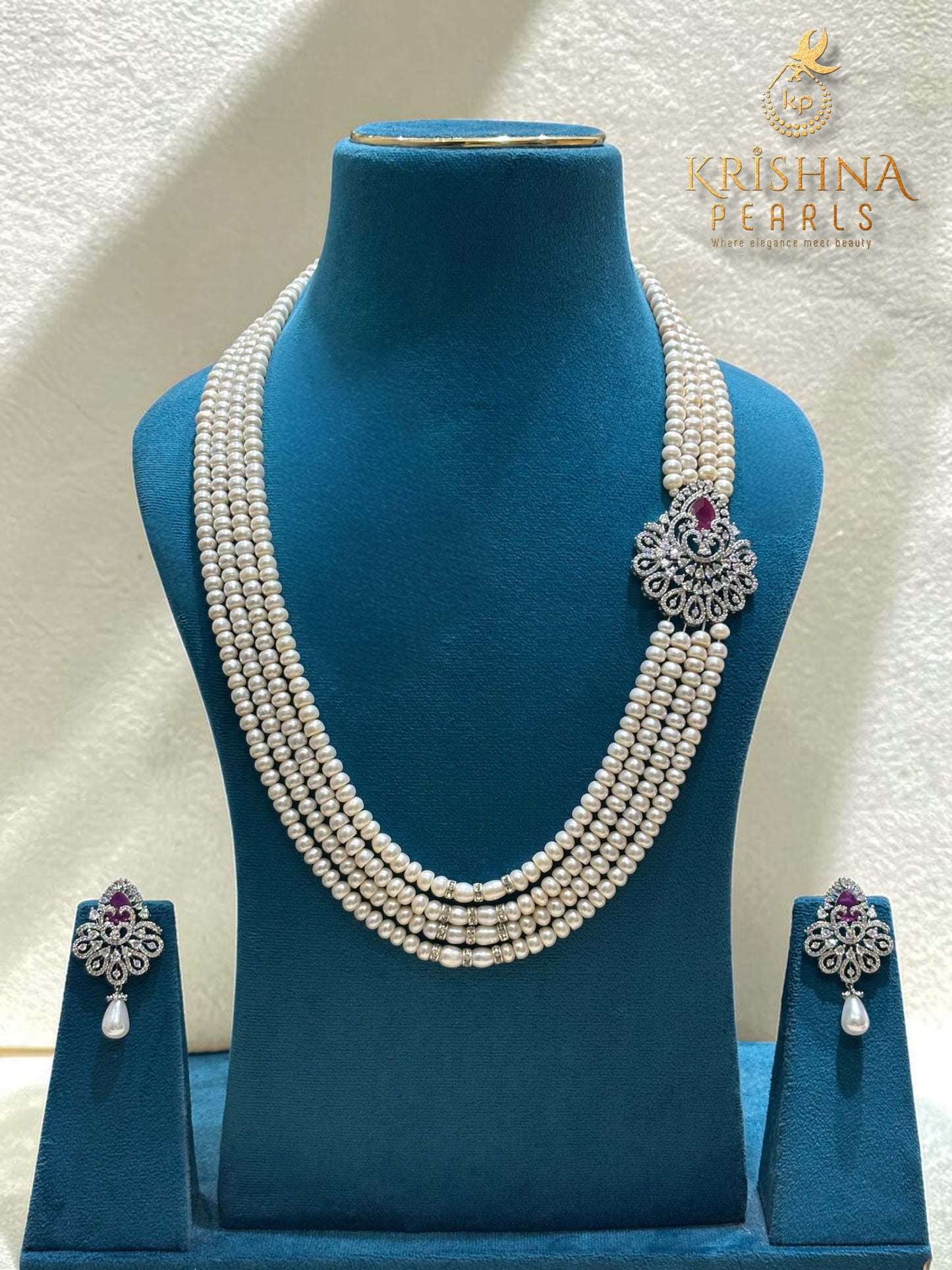 Original Pearls Four Layers Ruby Studded Broch Set