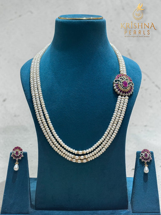 Pearls Set For Women - Side Broach In Ruby Zirconia Design