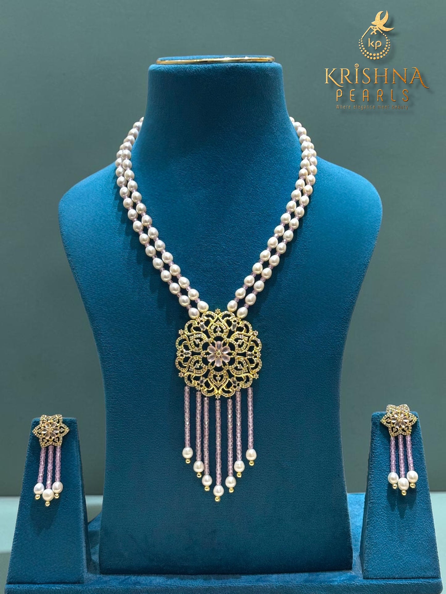 Pearls and Pink CZ Long Necklace Set