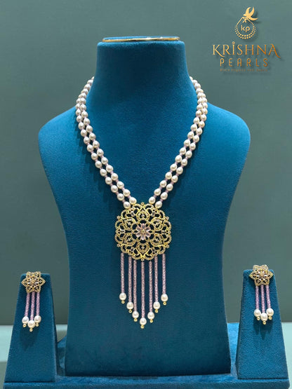 Pearls and Pink CZ Long Necklace Set