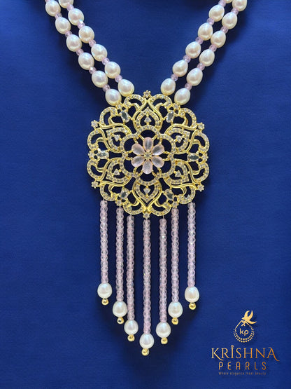 Pearls and Pink CZ Long Necklace Set
